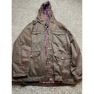 Mountain and Isles Utility Jacket Mens XL Hooded Canvas Brown Plaid Lined waxed